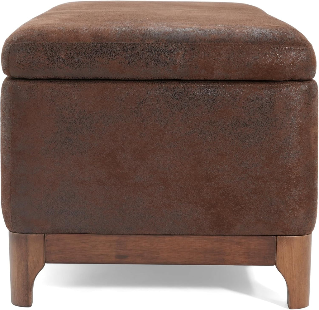 Christopher Knight Home Nesley Upholstered Ottoman with Storage for Living Room, Microfiber Modern Storage Ottoman Foot Rest, Wooden Bedroom Rectangular End of Bed Bench, Brown