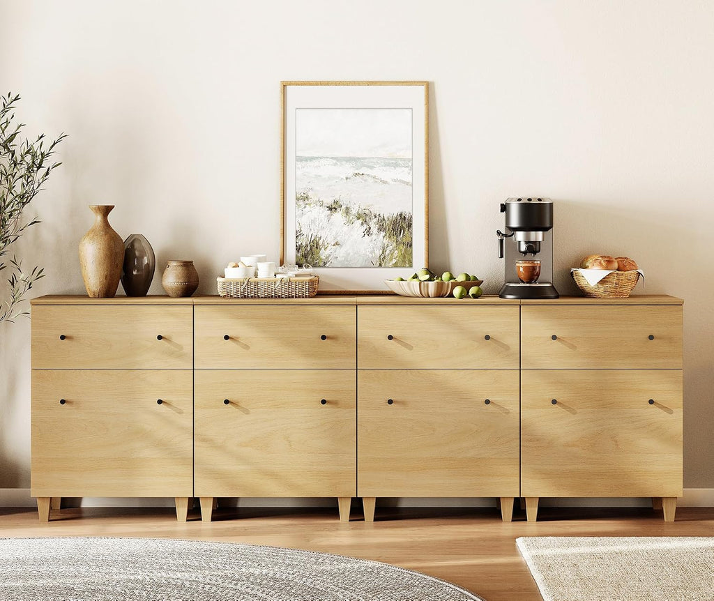 WAMPAT Large Sideboard Buffet Cabinets with Drawers and Doors for Dining Room, 94.4" Wide 4-in-1 Modern Oak Wood Credenza Console Tables with Adjustable Storage Shelves for Kitchen, Living Room