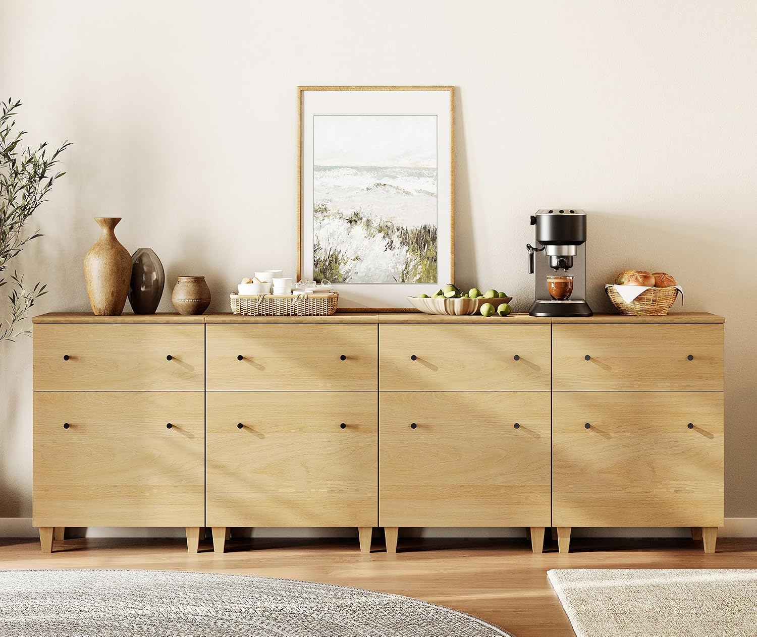 WAMPAT Large Sideboard Buffet Cabinets with Drawers and Doors for Dining Room, 94.4" Wide 4-in-1 Modern Oak Wood Credenza Console Tables with Adjustable Storage Shelves for Kitchen, Living Room