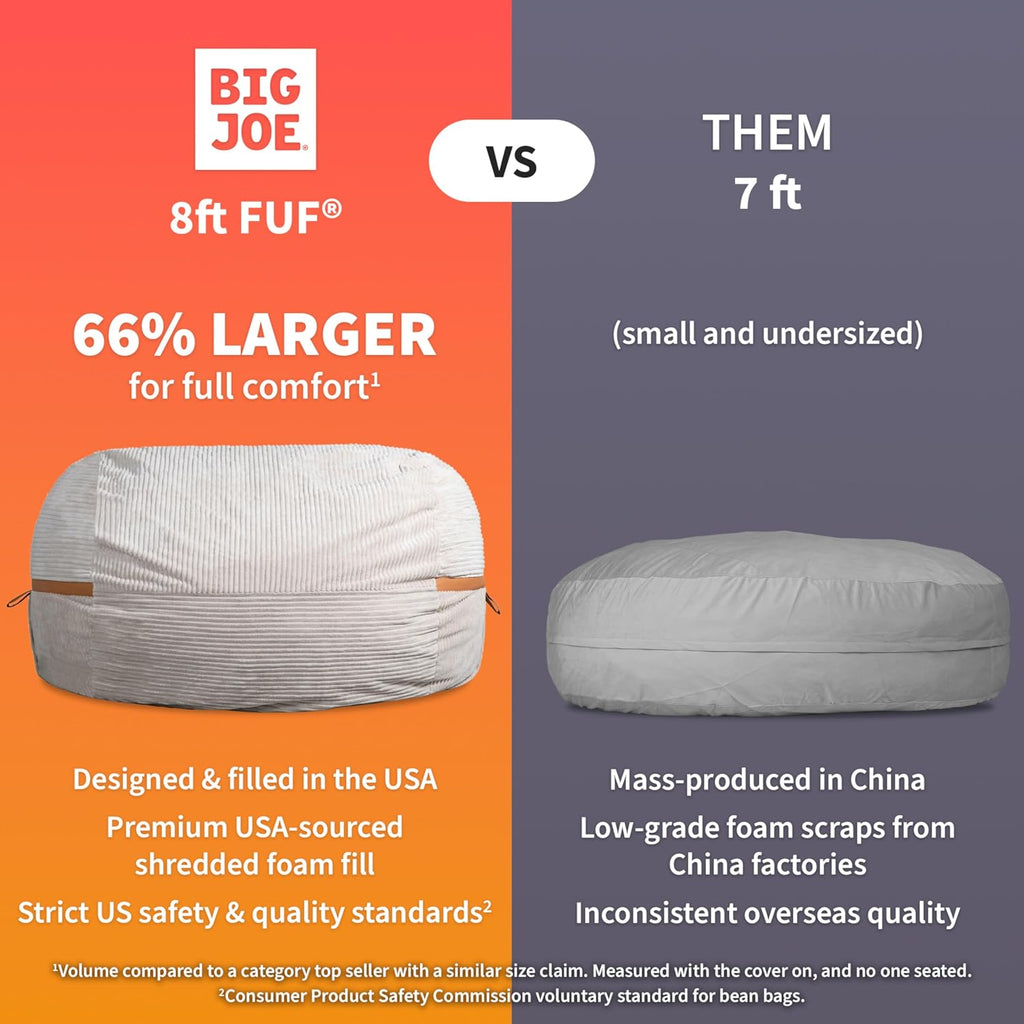 Big Joe Fuf 8Ft Giant Foam Bean Bag Chair, Oversized Couch with Removable Cover for Kids, Teens, Adults, Black Licorice Corded Plush, 8 Foot