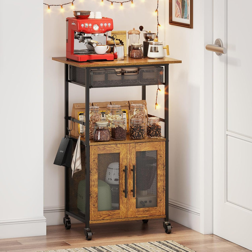 3 Tier Slim Rolling Coffee Cart with 2-Door & Pull-Out Wire Basket Drawer, Coffee Bar Cabinet on Lockable Casters, 32.7" H Microwave Cart with Storage for Home, Kitchen, Dining Room (Rustic Brown)