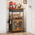 3 Tier Slim Rolling Coffee Cart with 2-Door & Pull-Out Wire Basket Drawer, Coffee Bar Cabinet on Lockable Casters, 32.7" H Microwave Cart with Storage for Home, Kitchen, Dining Room (Rustic Brown)