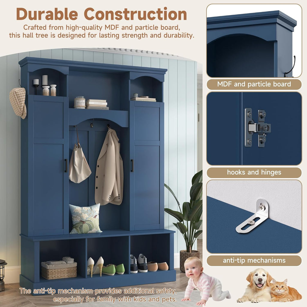 Knocbel Farmhouse Hall Tree Organizer, Seat Bench with 3 Open Compartments, Coat Rack with Dual Side Cabinets, 7 Hooks, Adjustable Shelves, 3 Top Cubbies, for Entryway Living Room, 53.5" Blue