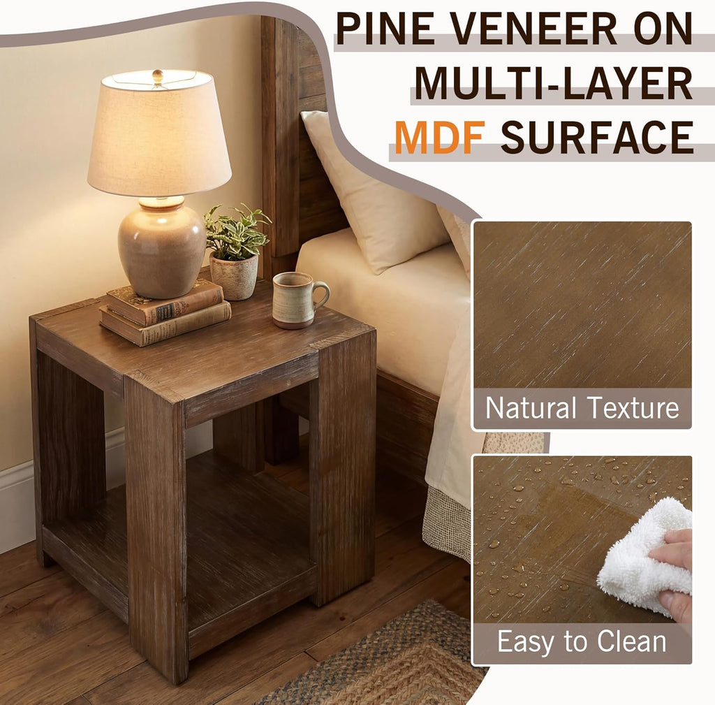 2-Tier Side Table for Living Room Set of 2, Rectangular End Table with Open Storage, Farmhouse Accent Bedside Table for Bedroom, Brown