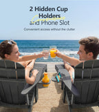 PASAMIC Folding Adirondack Chairs Set of 2 with Retractable Ottoman, 5-Position Adjustable Backrest, HDPE All-Weather Fire Pit Chairs with 2 Hidden Cup Holders, Wood-Look Outdoor Chairs, Black