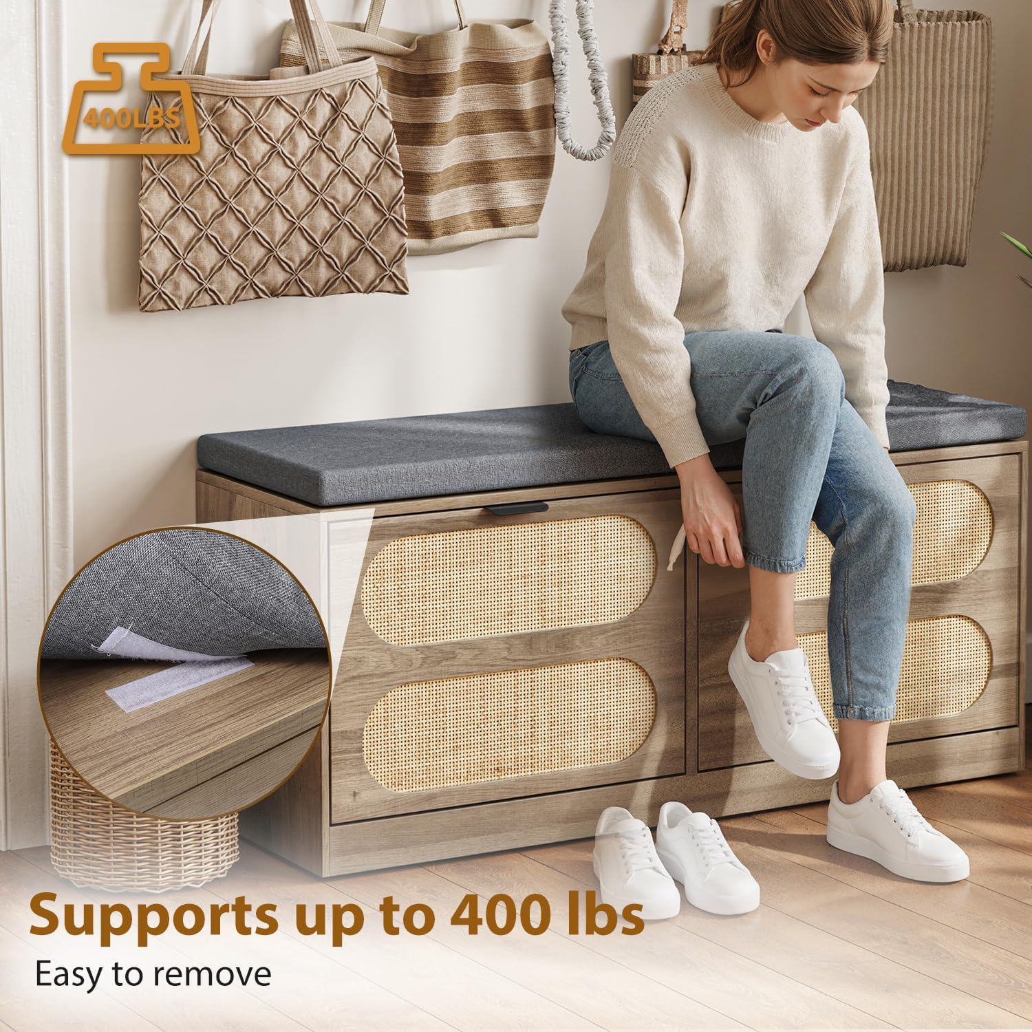 Rattan Storage Bench with Cushion & Coat Rack, Shoe Rack with 2 Flip Drawers, Narrow Shoe Storage Cabinet, Shoe Bench for Entryway, Living Room, Rustic Oak, Oval