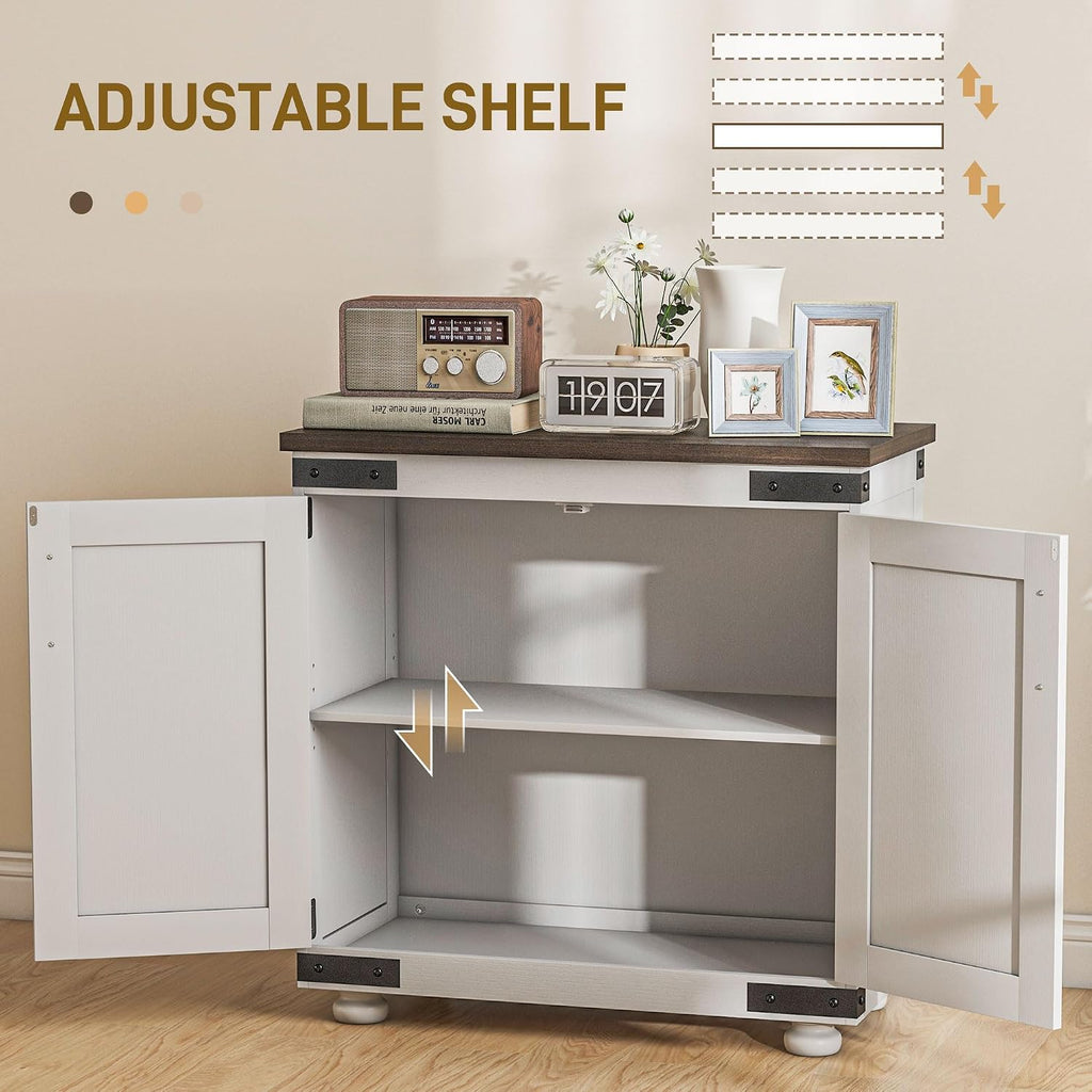 Farmhouse Kitchen Pantry, White Sideboard Buffet Cabinet with Barn Door and Adjustable Shelf, Wood Legs, Easy to Maintain, for Dining Room