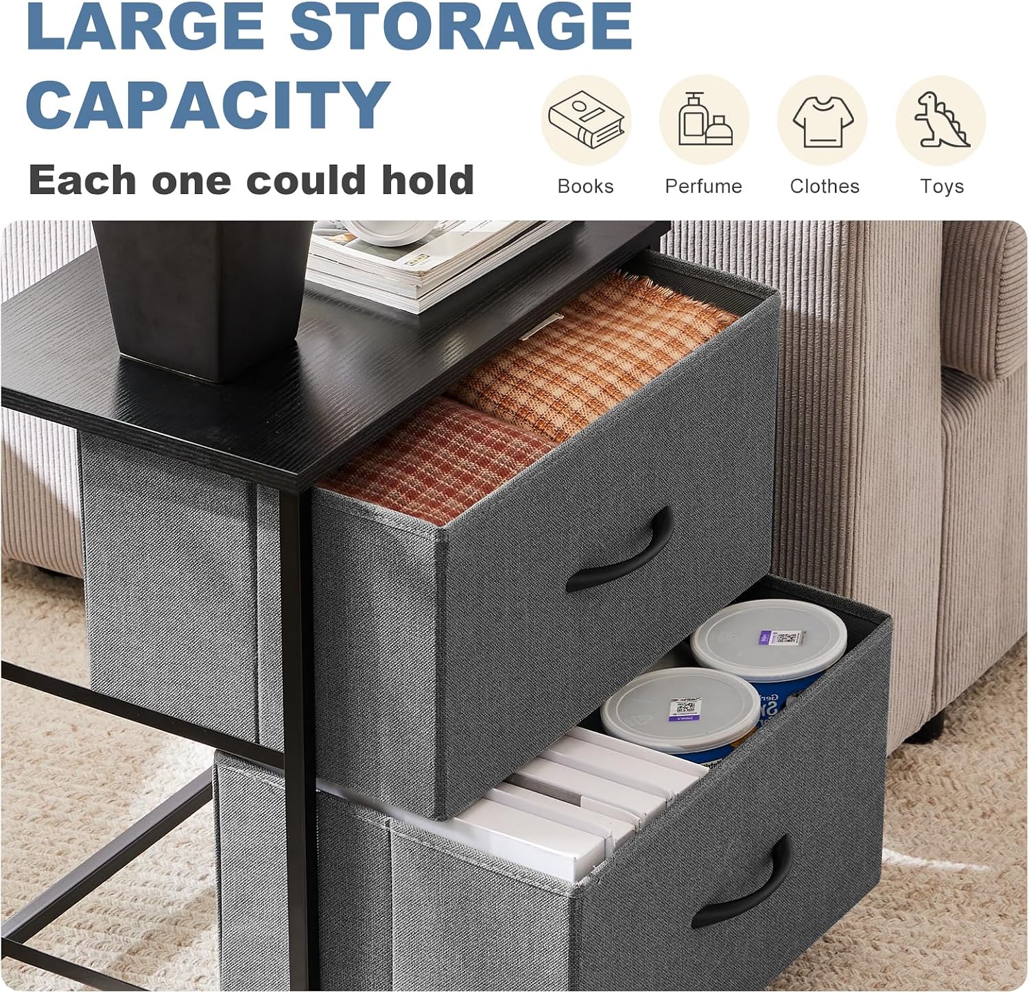 DUMOS Nightstand Set of 2, Small Dresser with 2 Fabric Drawers, End Table | Fabric Bedside Storage Organizer Furniture, 20 Inch Tall Night Stand Side End Table for Dorm, Ash