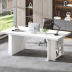 FOLUBAN 70" White Computer Desk, Large Executive Desk for Home Office, Modern Wood Conference Table Workstation with Side Storage Shelves, Long Study Writing Gaming Table for 2 Person