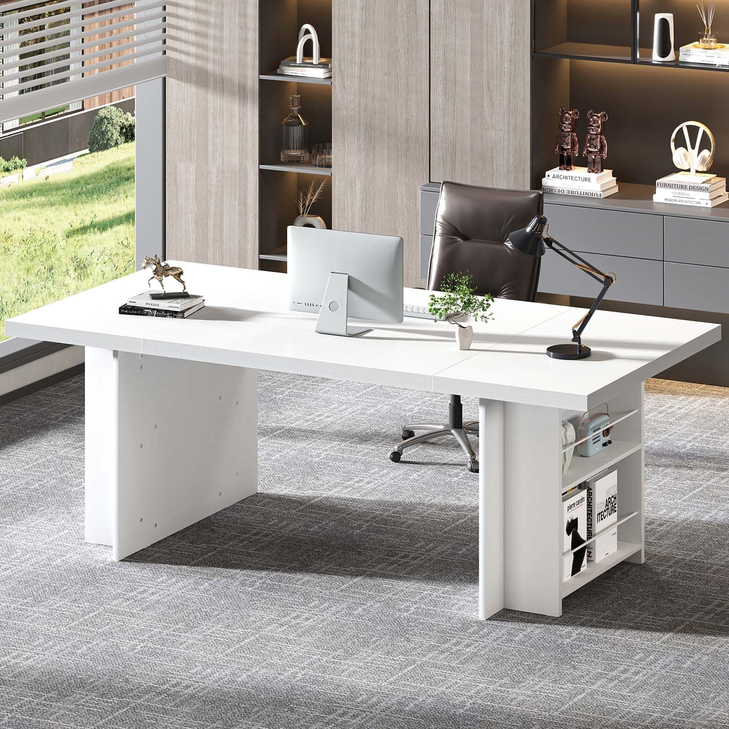 FOLUBAN 70" White Computer Desk, Large Executive Desk for Home Office, Modern Wood Conference Table Workstation with Side Storage Shelves, Long Study Writing Gaming Table for 2 Person