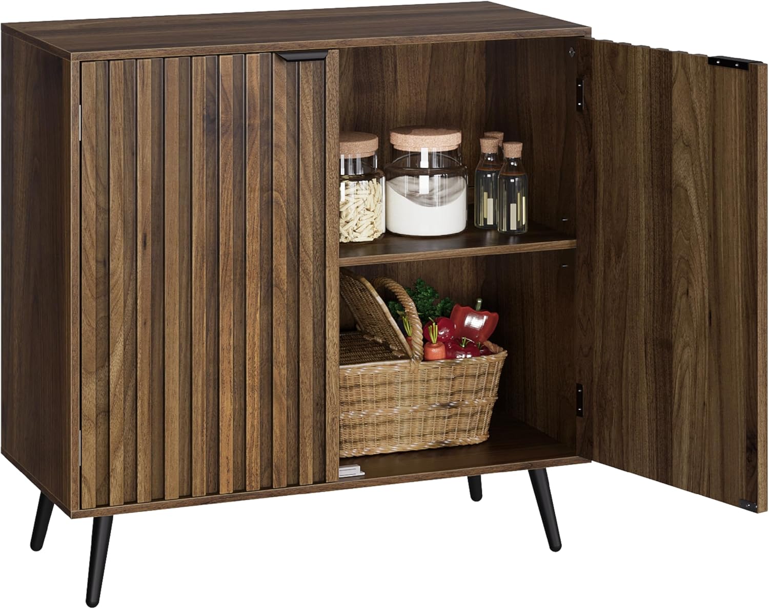 Smuxee Fluted Sideboard Cabinet, Freestanding Walnut Buffet Cabinet with Adjustable Shelf, Wood Storage Cabinet for Living Room, Entryway, Hallway