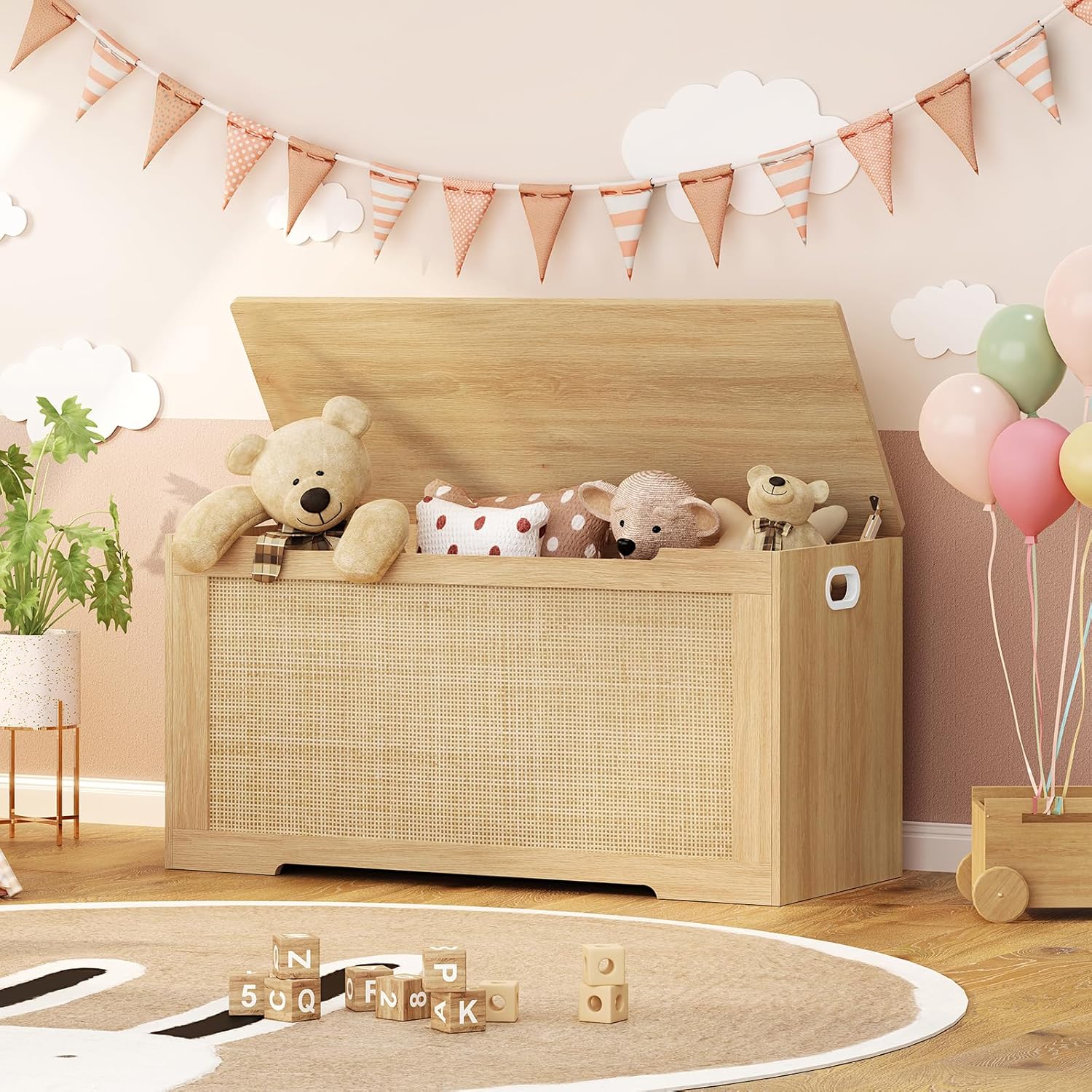 usikey 39.4” Storage Chest, Toy Box with 2 Safety Hinges, Toy Chest for Bedroom, Storage Bench with Storage, Shoe Bench, Supports 220 lb, for Living Room, Entryway, Natural