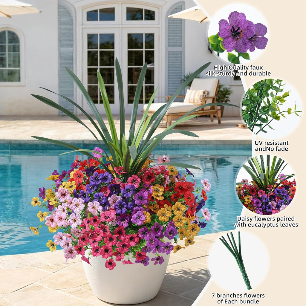 INSPRING Artificial Flowers for Outdoors, UV Resistant 12 Bundles Silk Flower Daisy with Eucalyptus + Orchid Leaf, Realistic Faux Outdoor Flowers for Porch Planter Garden Patio Boxwood (6 Multicolor)