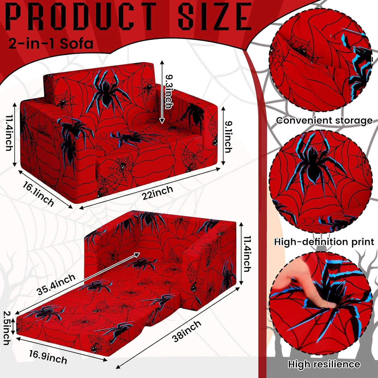 Sliner Kids Sofa 2-in-1 Flip-Out Chair Convertible Fold Out Kids Couch to Lounger Foam Soft Toddler Chairs Comfy Flipout Seat with Washable Cover for Ages 3 and up for Playroom Bedroom(Spider)
