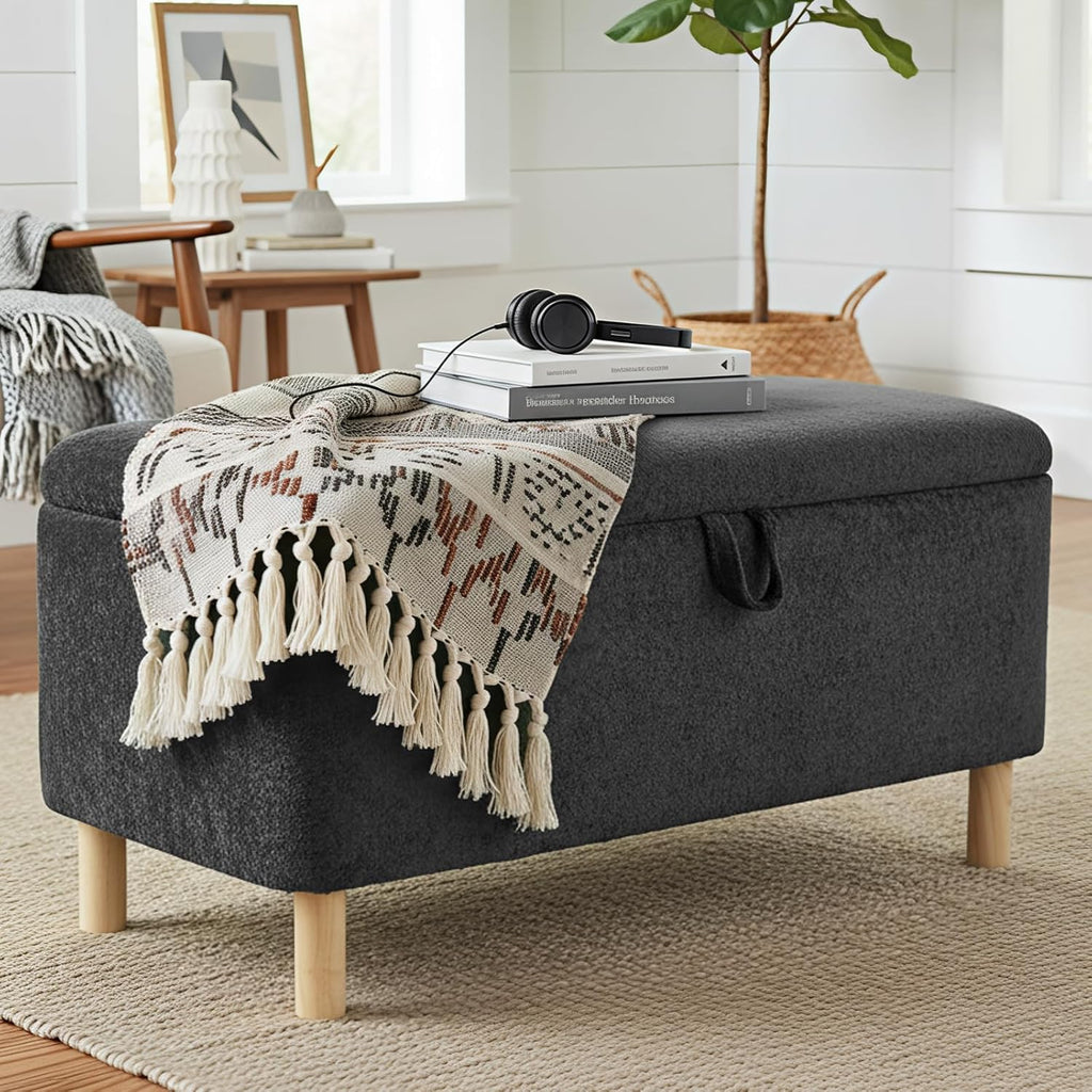 Ottoman with Storage, Storage Ottoman Bench, Entryway Bench with Wood Legs for Living Room, Bedroom, Sitting Area, Dark Grey