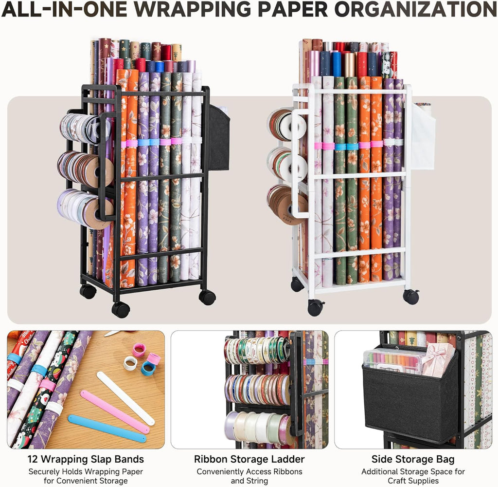Aquzee Wrapping Paper Storage, Rolling Gift Wrap Storage Stand, Vertical Wrapping Paper Organizer Storage Cart, Ribbon Organizers, 12 PCS Slap Bands, 9 Adjustable Rod Design, Black