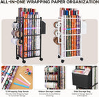 Aquzee Wrapping Paper Storage, Rolling Gift Wrap Storage Stand, Vertical Wrapping Paper Organizer Storage Cart, Ribbon Organizers, 12 PCS Slap Bands, 9 Adjustable Rod Design, Black