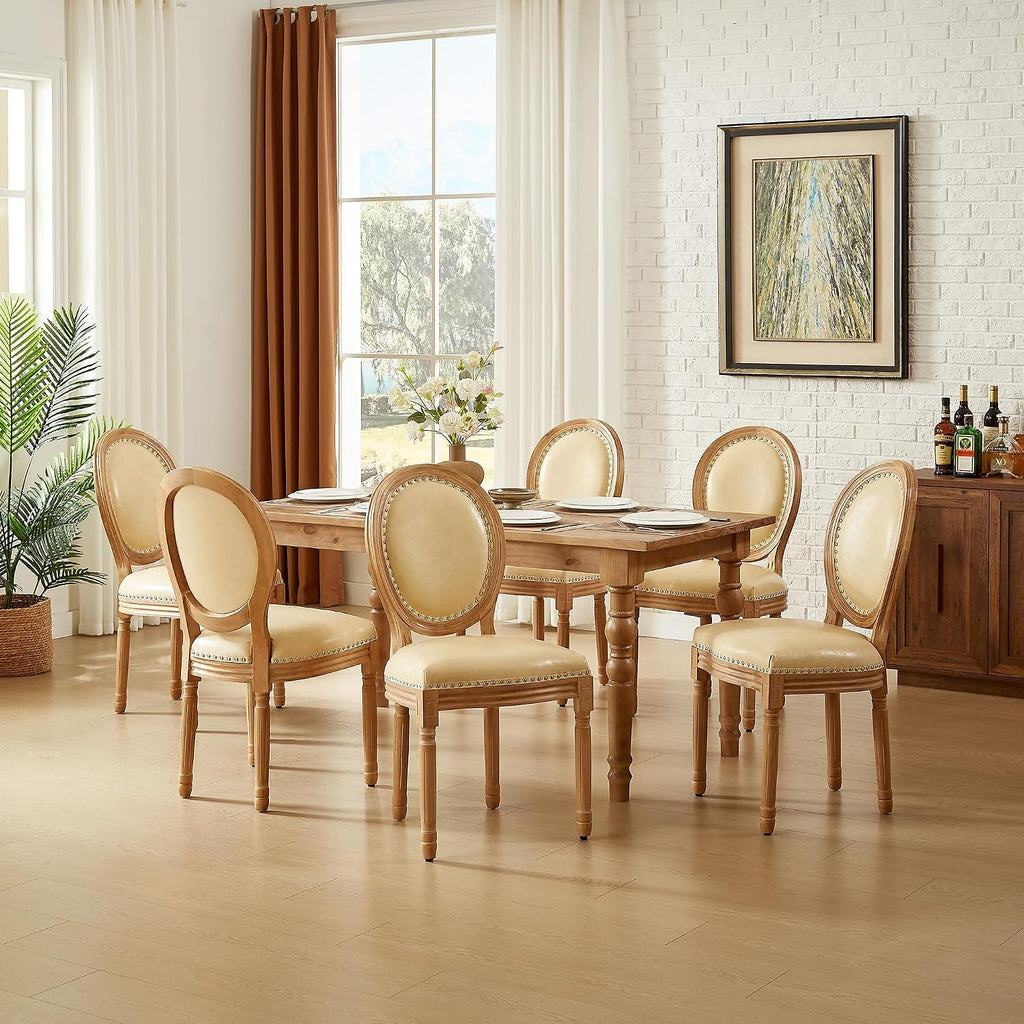 Leather Dining Chairs Set of 6 French Country Dining Chairs with Round Back, Farmhouse Upholstered Dining Accent Chairs with Nailhead Trim, Mid Century Modern (Beige)