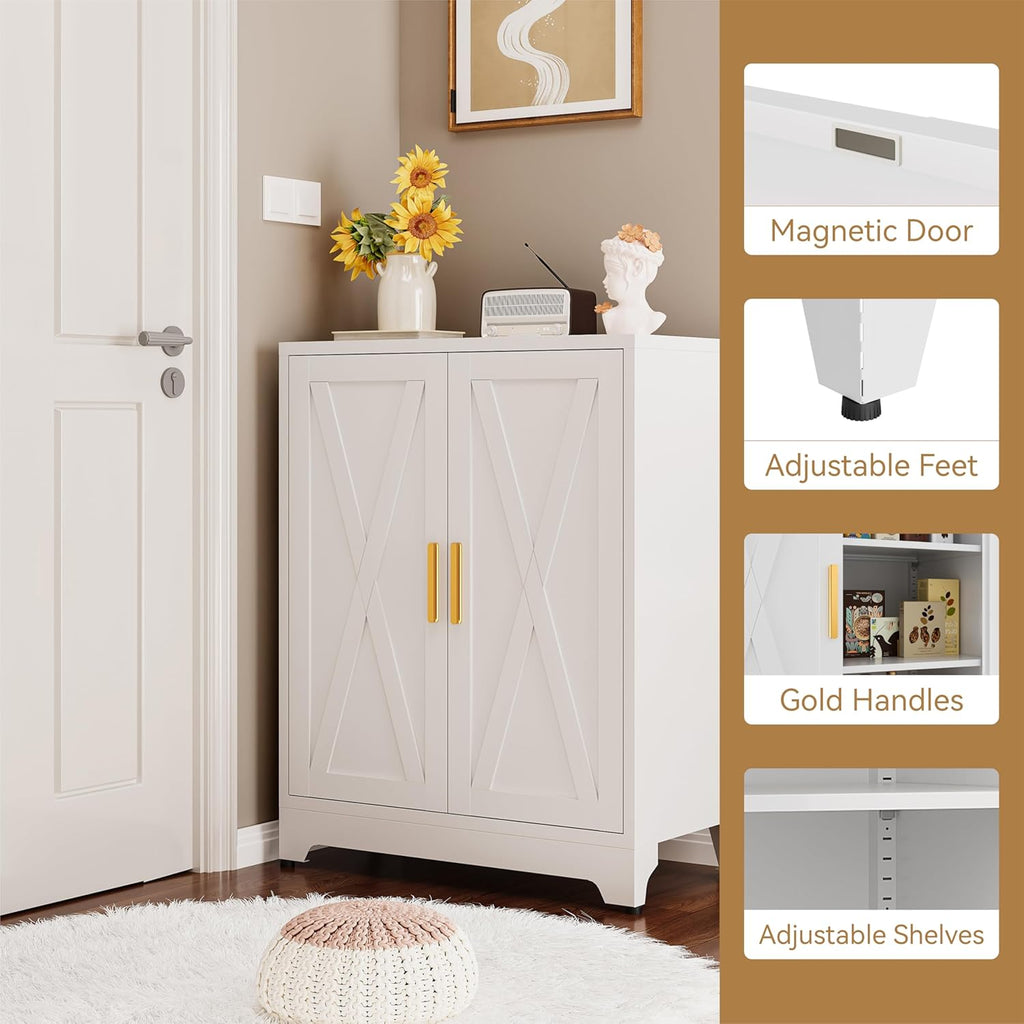 Kitchen Sideboard Buffet with Storage, 39” Metal Coffee Bar Cabinet & Buffet Sideboard with Barn Doors & Adjustable Shelves, Modern Farmhouse Coffee Bar Station for Kitchen, Entryway, White
