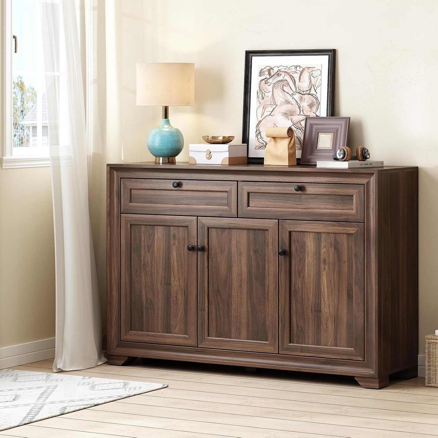 ONBRILL 48 Inches Sideboard Buffet Cabinet with Storage, Farmhouse Sideboard with 2 Drawers and 3 Doors, Wood Coffee Bar Cabinet with Adjustable Shelves for Living Room, Kitchen, Hallway, Brown