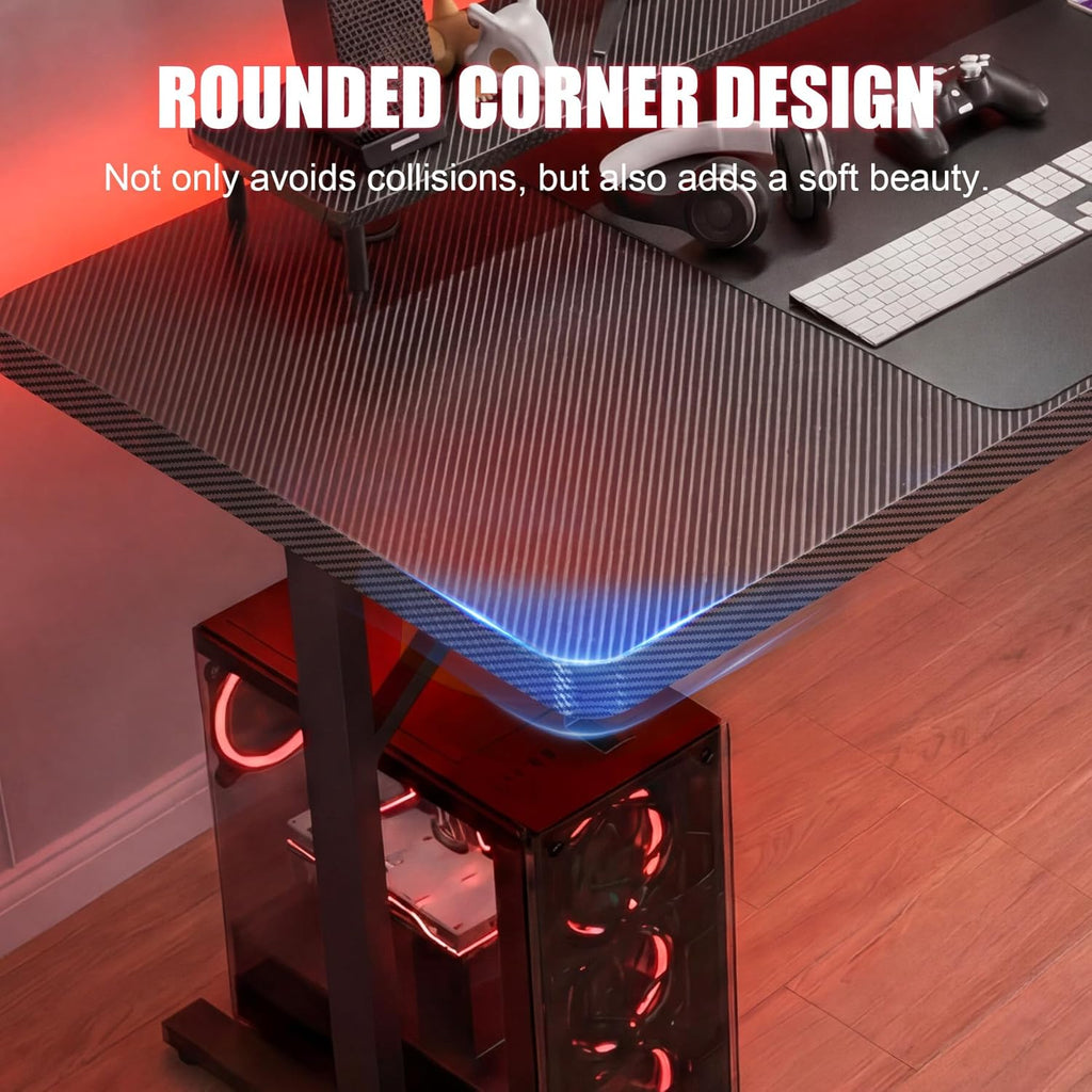 GTPLAYER 55 Inch Gaming Desk with LED Lights, Large Computer Desk with Mouse Pad for Home Office, T-Shaped Carbon Fibre Surface PC Game Workstations with Headphone Hook