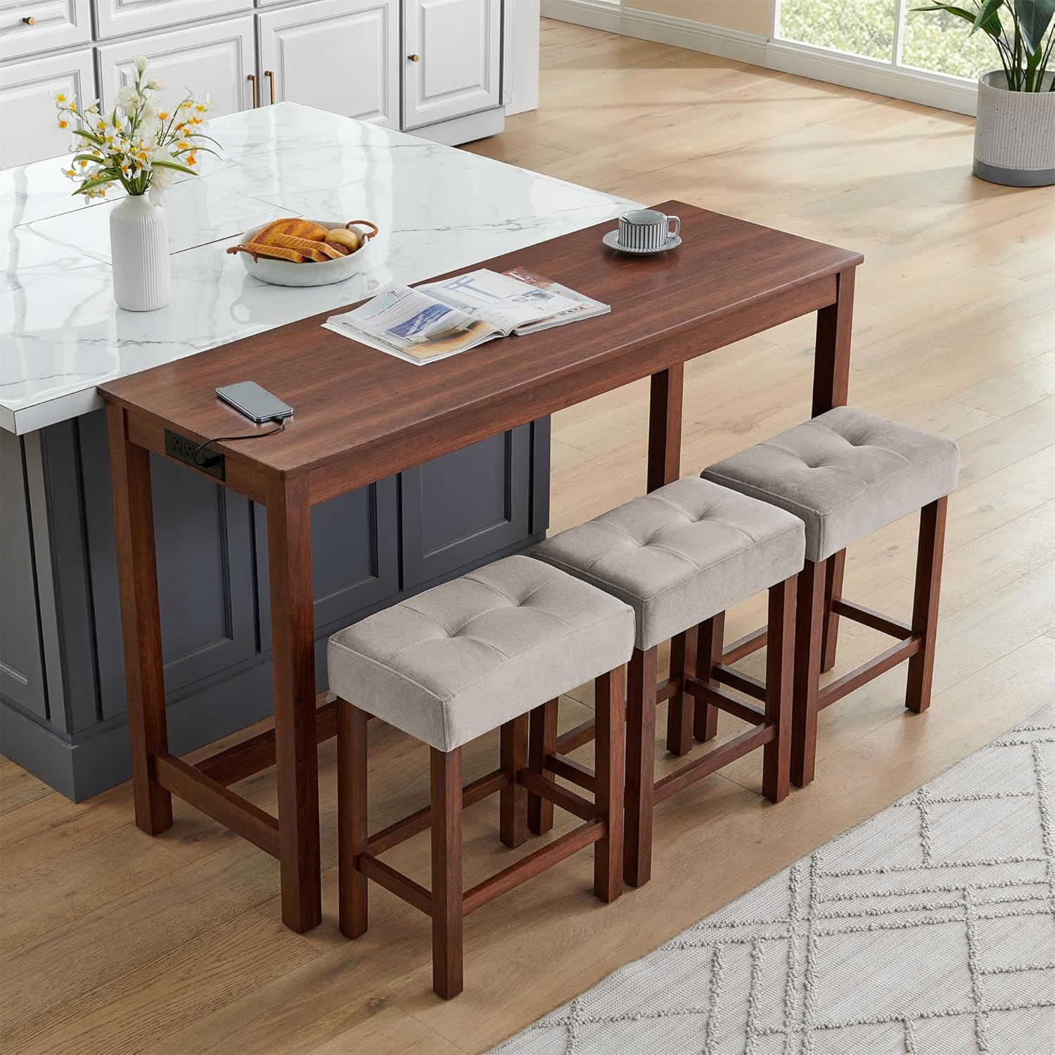 Knocbel Industrial 3-Person Counter Height Bar Table Set with Power Outlet, 4-Piece Dinette Set with Padded Seat Stools, Apartment Condo Small Space Pub Bistro Dining Furniture Set (Cherry)