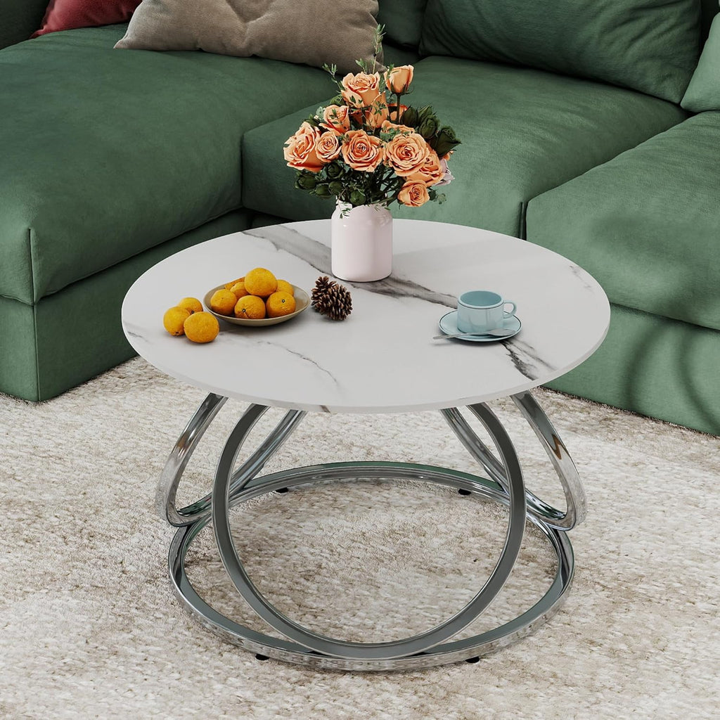 O&K FURNITURE Silver Coffee Table, Round Coffee Table Faux Marble Veins, Modern Center Table with Chrome Finish, for Living Room, Home Office, 1 PC