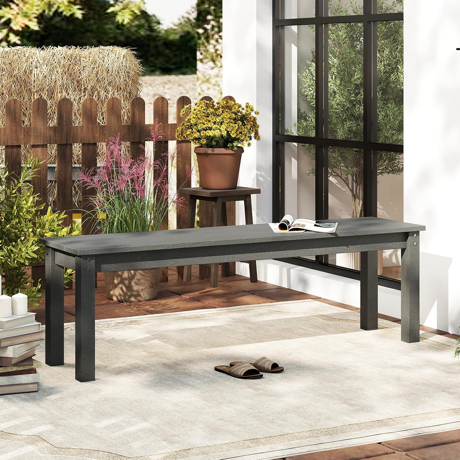 Tangkula HDPE Outdoor Bench, 2-3 Person Patio Bench, 55" Backless Garden Dining Bench with Slatted Seat, Weatherproof Park Bench for Entryway, Porch, Lawn & Backyard (Grey,1)