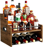 4-Tier Wood Display Shelf Wine Rack for 16 Bottles Wood Coffee Syrup Organizer with Handles Home Whiskey Shelf Retro Mini Liquor Cabinet Spice Rack Coffee Bar Shelves, Walnut