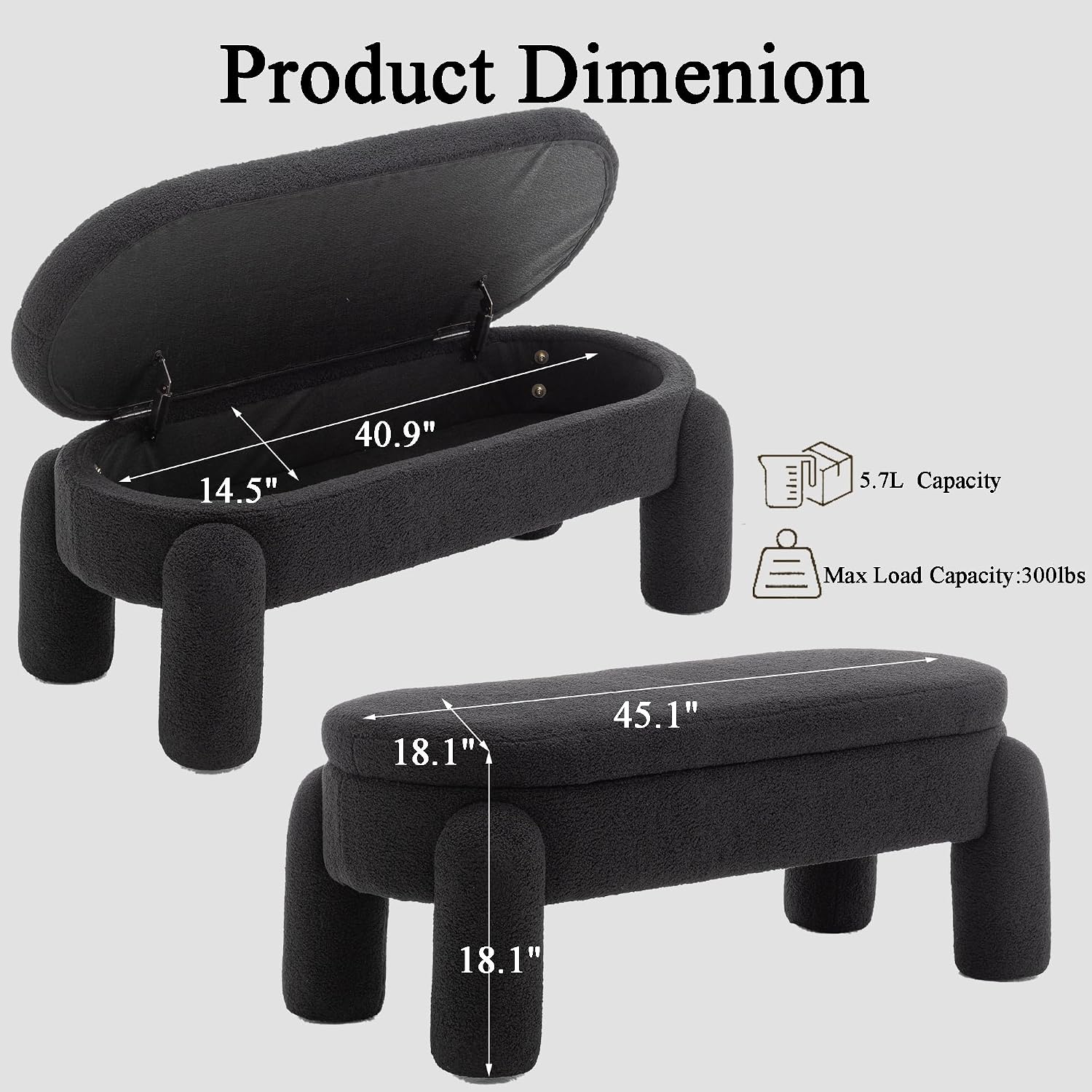 Upholstered Storage Ottoman Bench,45.1" Modern Bench,Large Sherpa Ottoman with Storage and Seating,End of Bed Bench,for Entryway, Hallway, Living Room,Bedroom (Black)