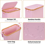 iEGrow 65L Slim Laundry Hamper, Narrow Laundry Basket with Lid,Foldable Clothes Hamper with Bamboo Handles,Hamper Basket with Removable Inner Bag for Laundry Room Bedroom College Dorm,17.17 Gals Pink