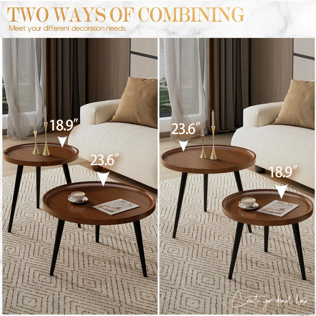 2-Piece Walnut Coffee Table,Durable Mid Century Small Round Coffee Tables for Living Room,Easy Assembly Modern Nesting Coffee Tables Set,Circle Side Tables for Sofa Bedside Balcony