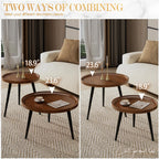 2-Piece Walnut Coffee Table,Durable Mid Century Small Round Coffee Tables for Living Room,Easy Assembly Modern Nesting Coffee Tables Set,Circle Side Tables for Sofa Bedside Balcony