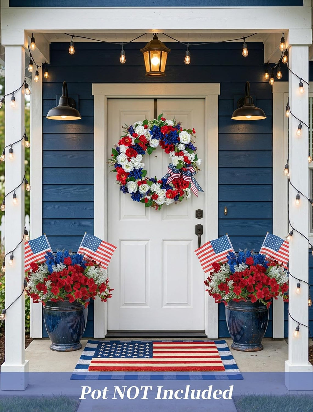 BLOSMON 4th of July Flowers for Porch: 12 Pcs Red White and Blue Fake Flower with Flag for Outdoors Planters - Patriotic Artificial Floral Plants America 250 Anniversary Outside Window Box Decoration