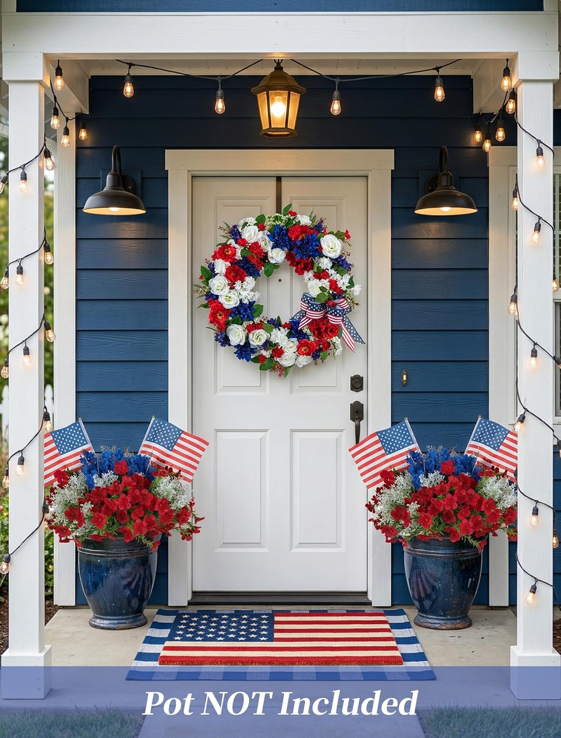 BLOSMON 4th of July Flowers for Porch: 12 Pcs Red White and Blue Fake Flower with Flag for Outdoors Planters - Patriotic Artificial Floral Plants America 250 Anniversary Outside Window Box Decoration