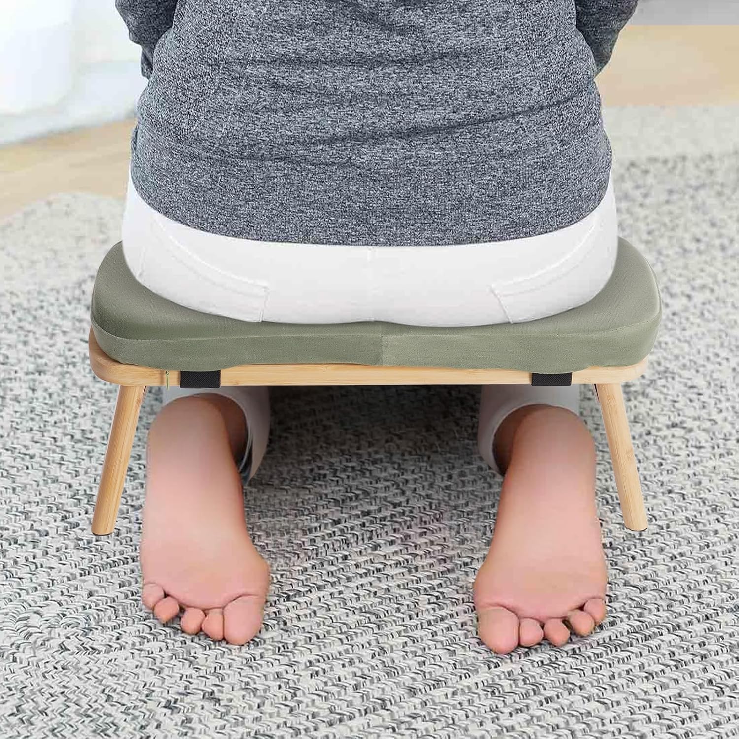 LOYALHEARTDY Meditation Bench - Bamboo Wood, Foldable Meditation Stool with Velvet Cushion Cover & Carrying Bag - Prayer Kneeler Chair for Yoga Or Sitting (Green)