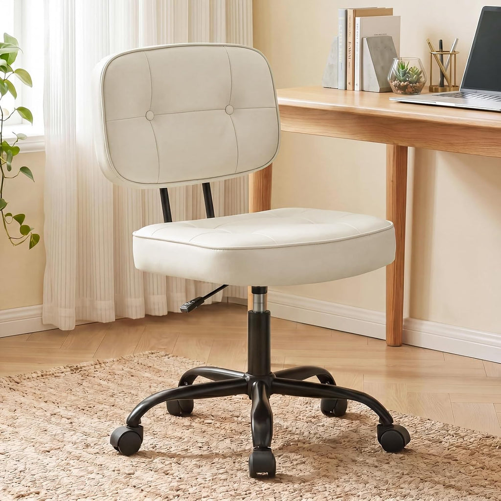 DUMOS Home Office Desk Chair - Ergonomic Armless PU Leather Computer Rolling Task Chair，with Comfy Lumbar Support and Height Adjustable, 360° Swivel, Vanity, Bedroom, Beige