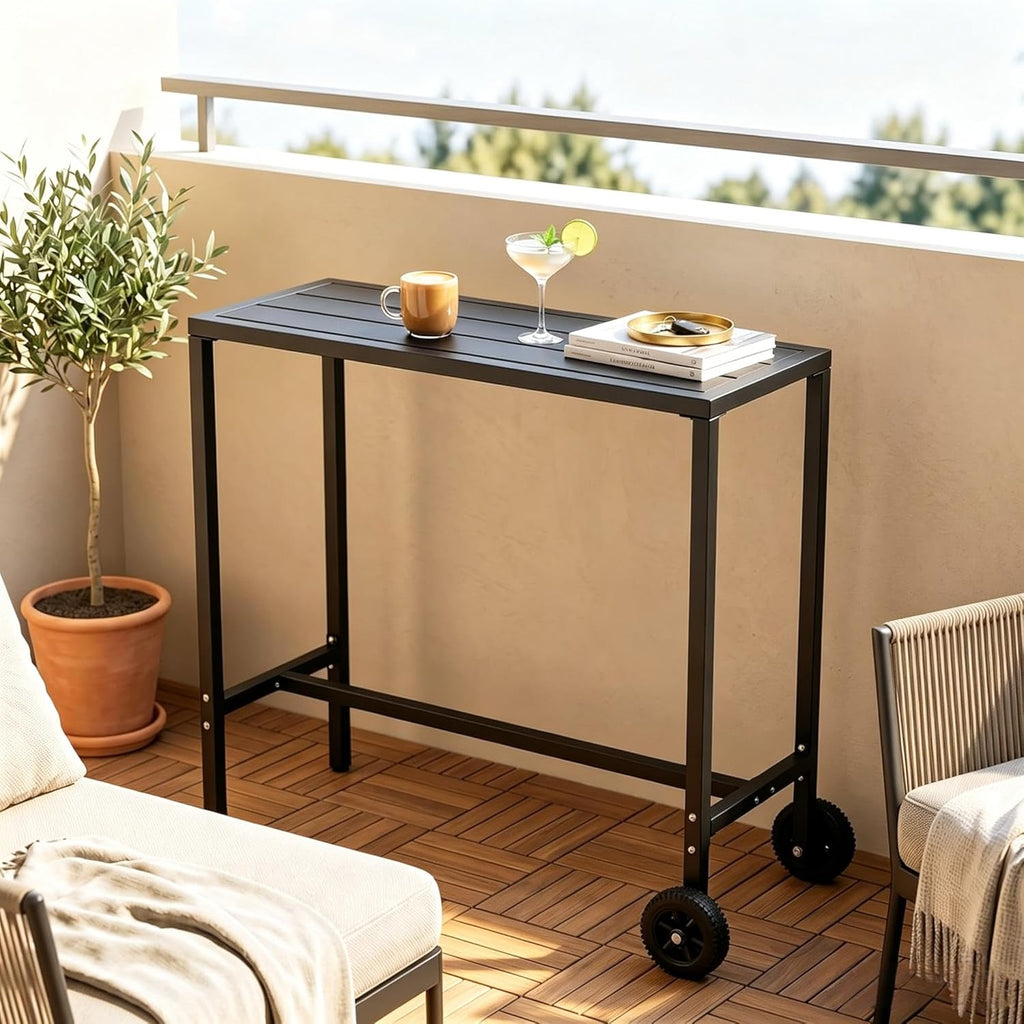 PeakPursuit 39x16 in Rectangle Outdoor Bar Table, 37" Counter Height Patio Pub Table with 2 Wheels, Waterproof Top & Adjustable Feet for Balcony, Yard, Hot Tub, Poolside, Indoor