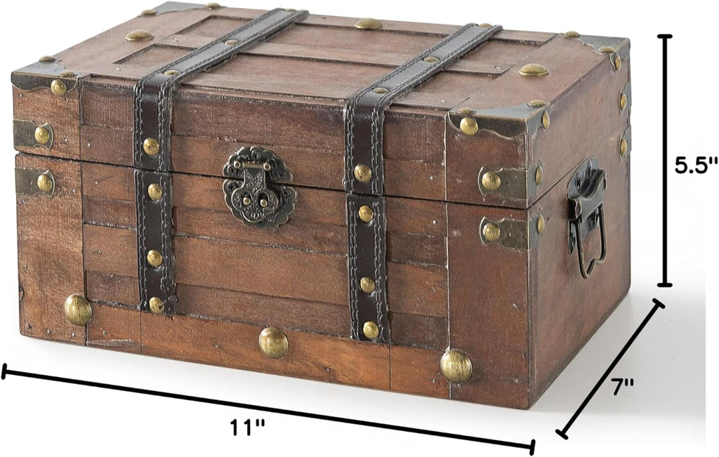 SLPR Alexander Small Wooden Treasure Chest - 11" x 7" x 5.5", Wood Storage Box with Hinged Lid, Decorative Trunk for Keepsakes, Vintage Pirate Chest for Classroom