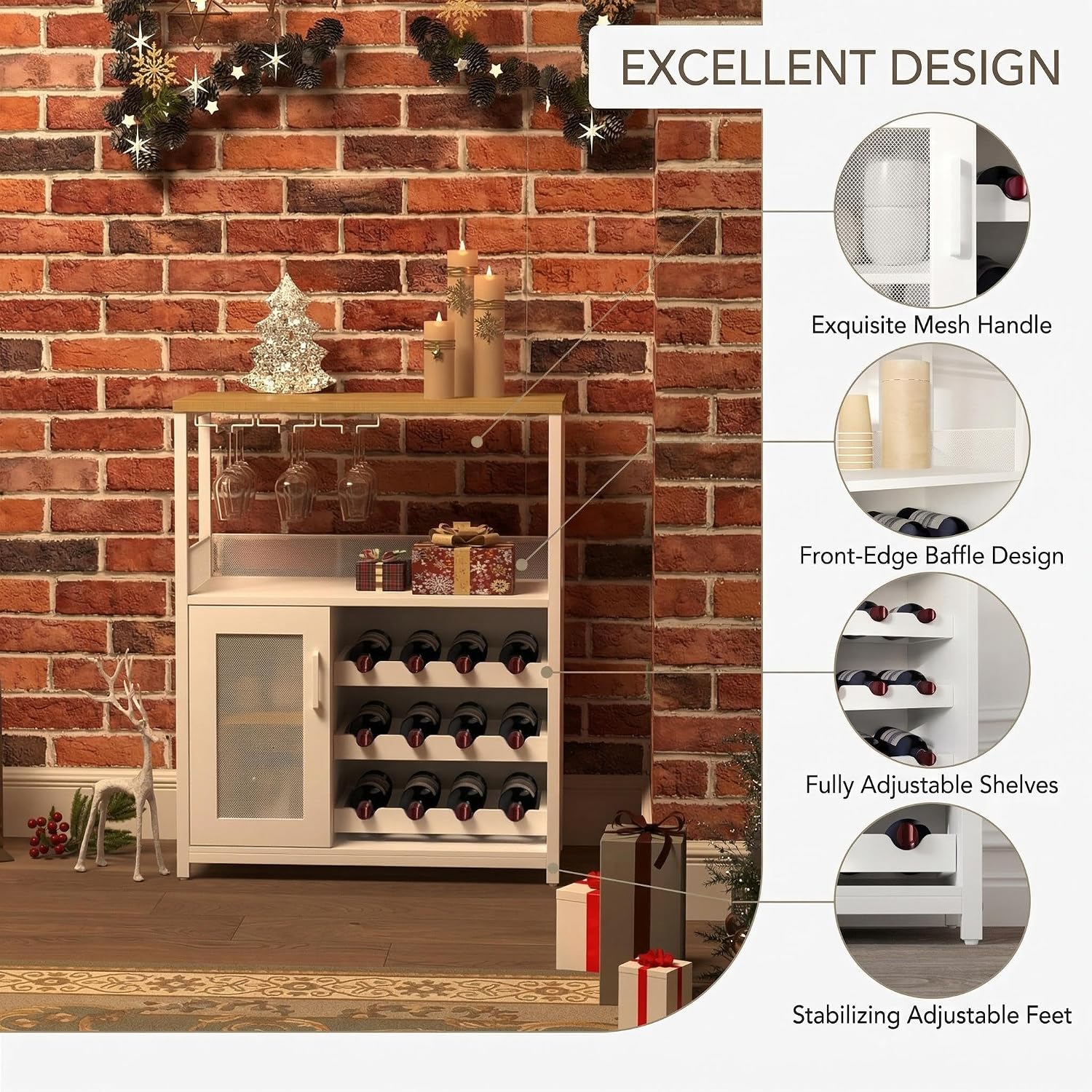 Wine Bar Cabinet, 3-Tier Removable wine rack cabinet glass holder, Mesh door adjustable shelf display cabinet bar, Waterproof metal frame buffet cabinet with storage coffee station bar cabinet, White
