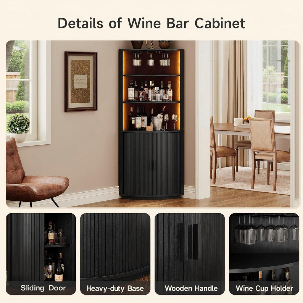 ONBRILL 72" Tall Corner Bar Cabinet with LED Lights, Fluted Wine Bar Cabinet with Storage, Mid-Century Modern Liquor Cabinets with Sliding Door & Wine Glass Holder, for Dining Room, Living Room Black