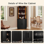 ONBRILL 72" Tall Corner Bar Cabinet with LED Lights, Fluted Wine Bar Cabinet with Storage, Mid-Century Modern Liquor Cabinets with Sliding Door & Wine Glass Holder, for Dining Room, Living Room Black