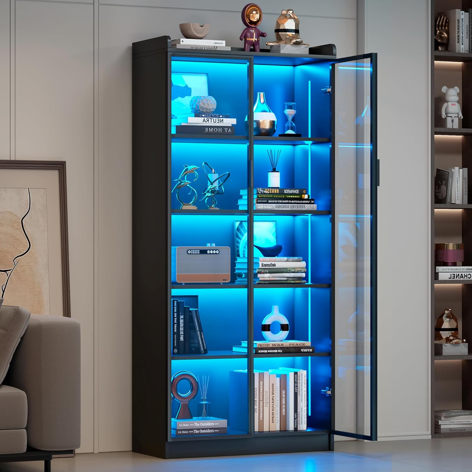 Dystler 65" Display Cabinet with Glass Doors, 5-Tier Curio Cabinet with Motion Sensor RGB Lights, Modern Display Case with Adjustable Shelves for Collectibles, Figures, Books, Black