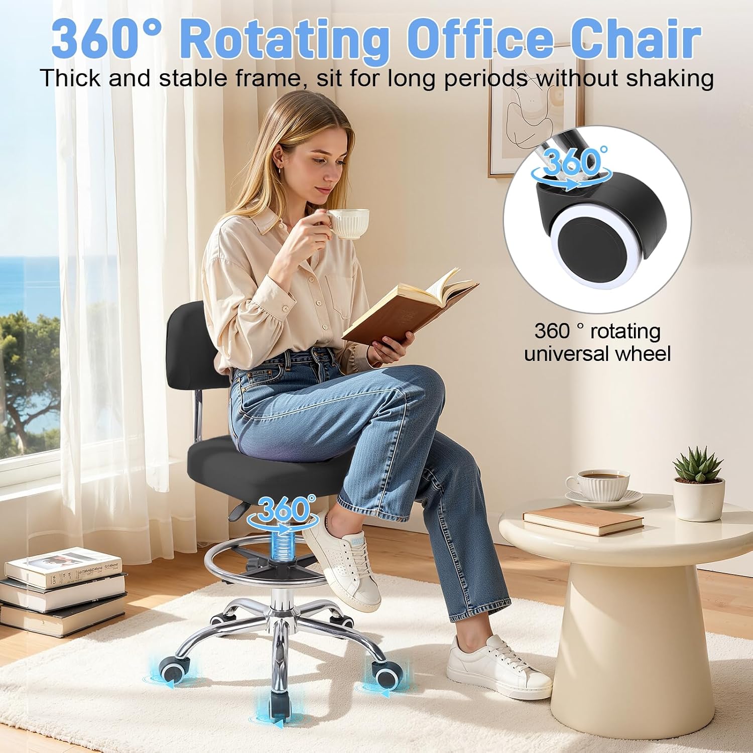 Height Adjustable Drafting Chair, Tall Office Chair with Backrest and Foot Rest, Swivel Rolling Stool, Ergonomic Computer Chairs, for Home Office Studio Dental Salon, 220 lbs Black