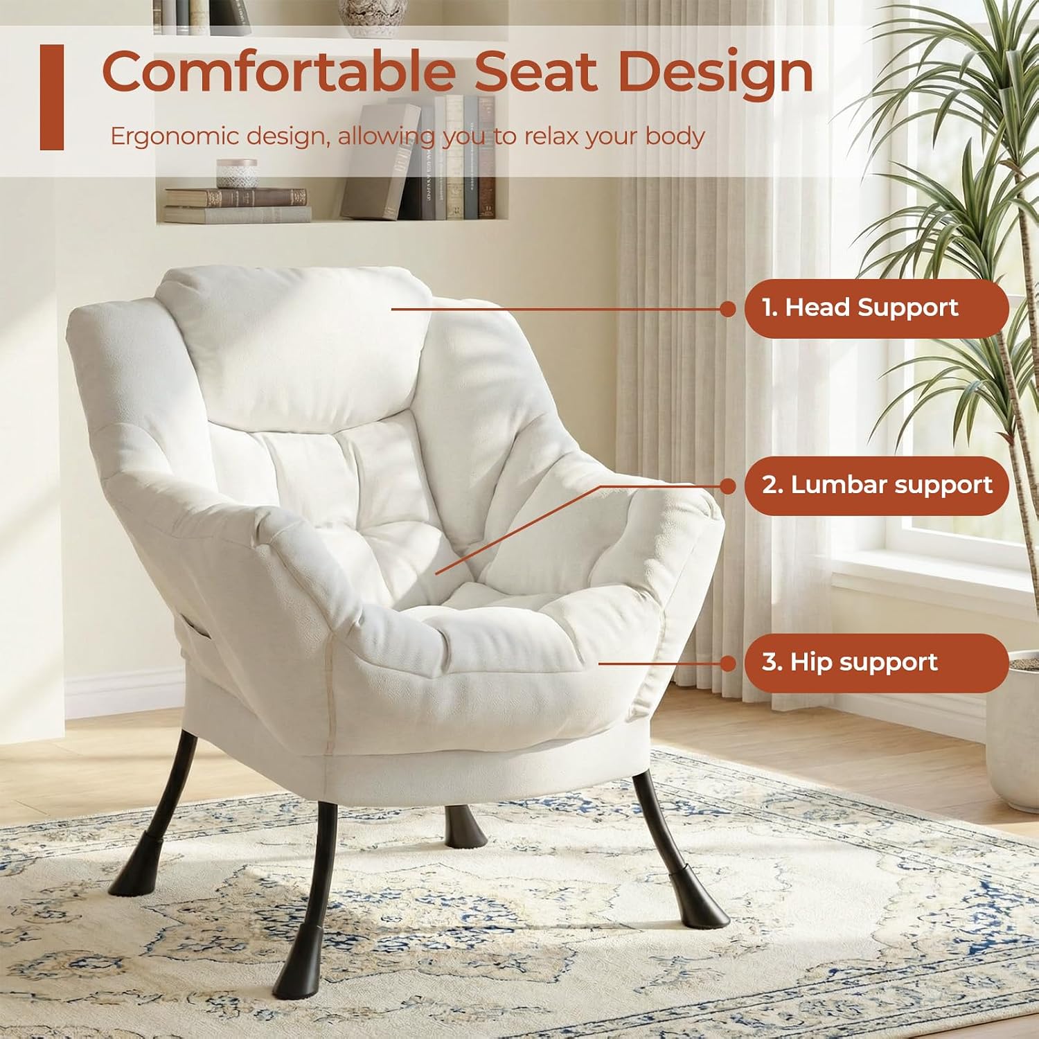 TLSUNNY Lazy Chair, Modern Comfy Lounge Accent Chair, Large Sofa Armchair with a Side Pocket, Leisure Reading Chair for Bedroom, Living Room, Dorm (1) (Beige)