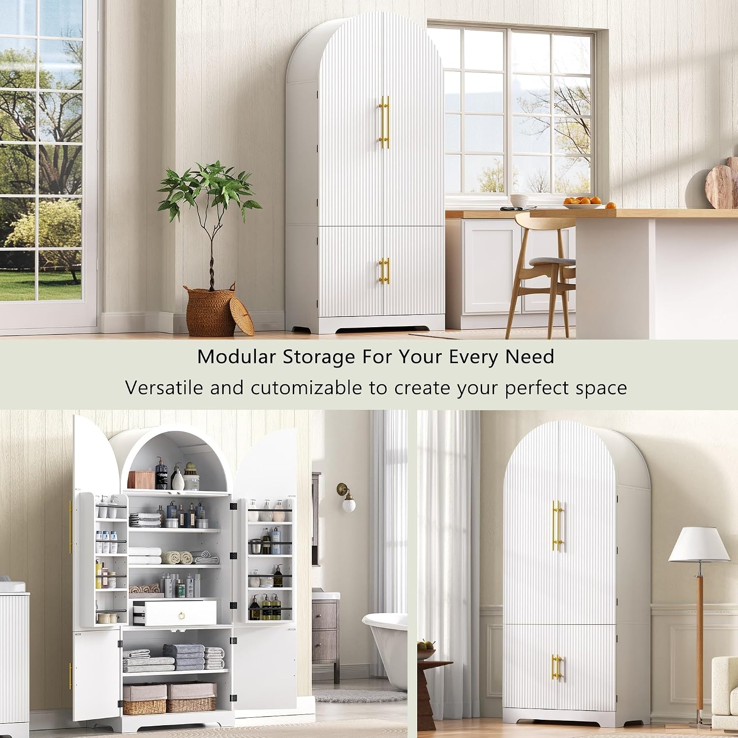 Arched Kitchen Storage | Adjustable Shelves，White-C | 8 door shelves hidden compartment anti-tip design easy assembly versatile spaces