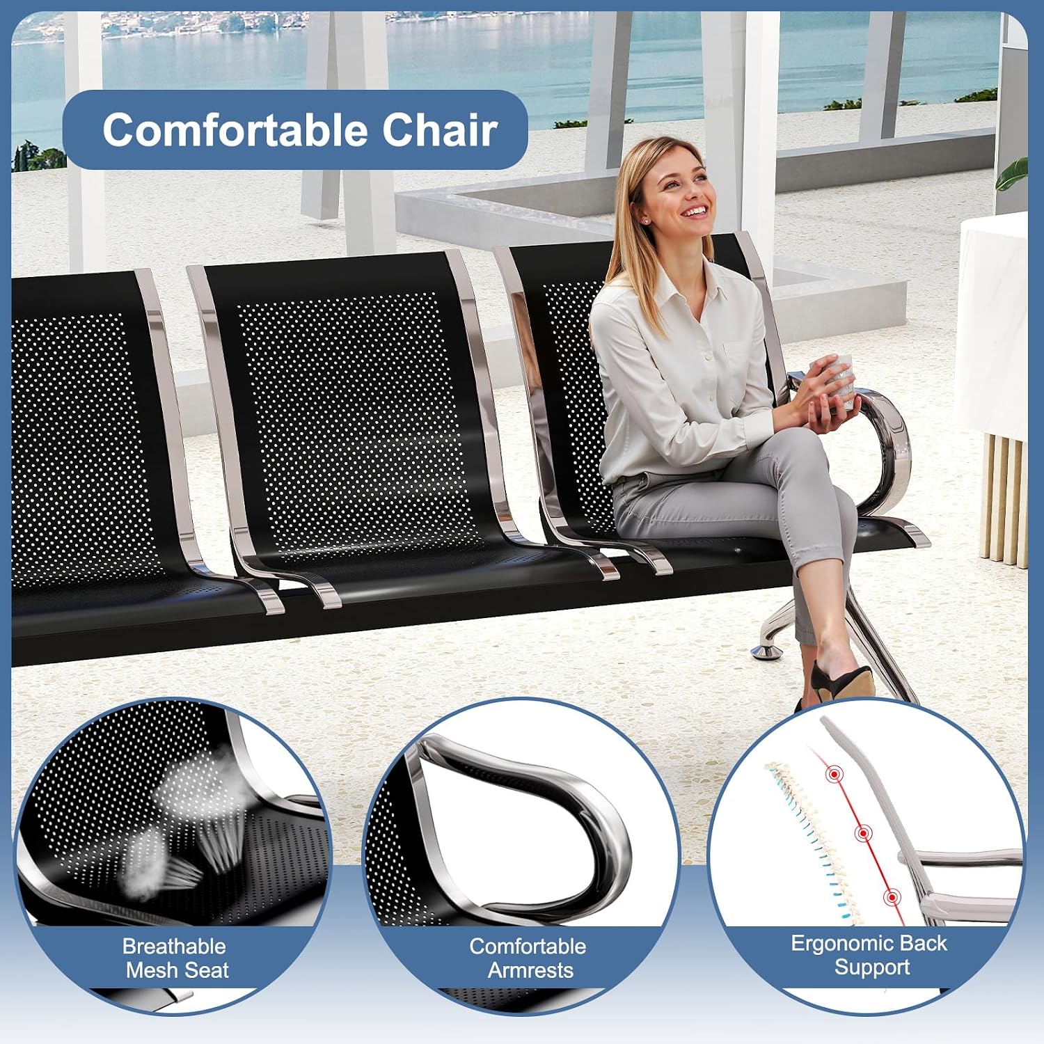 kinbor 3-Seat Waiting Room Chairs with Arms - Modern Reception Bench for Airport, Hospital, Office Lobby - Breathable Mesh & Durable Steel Waiting Area Furniture (Black)
