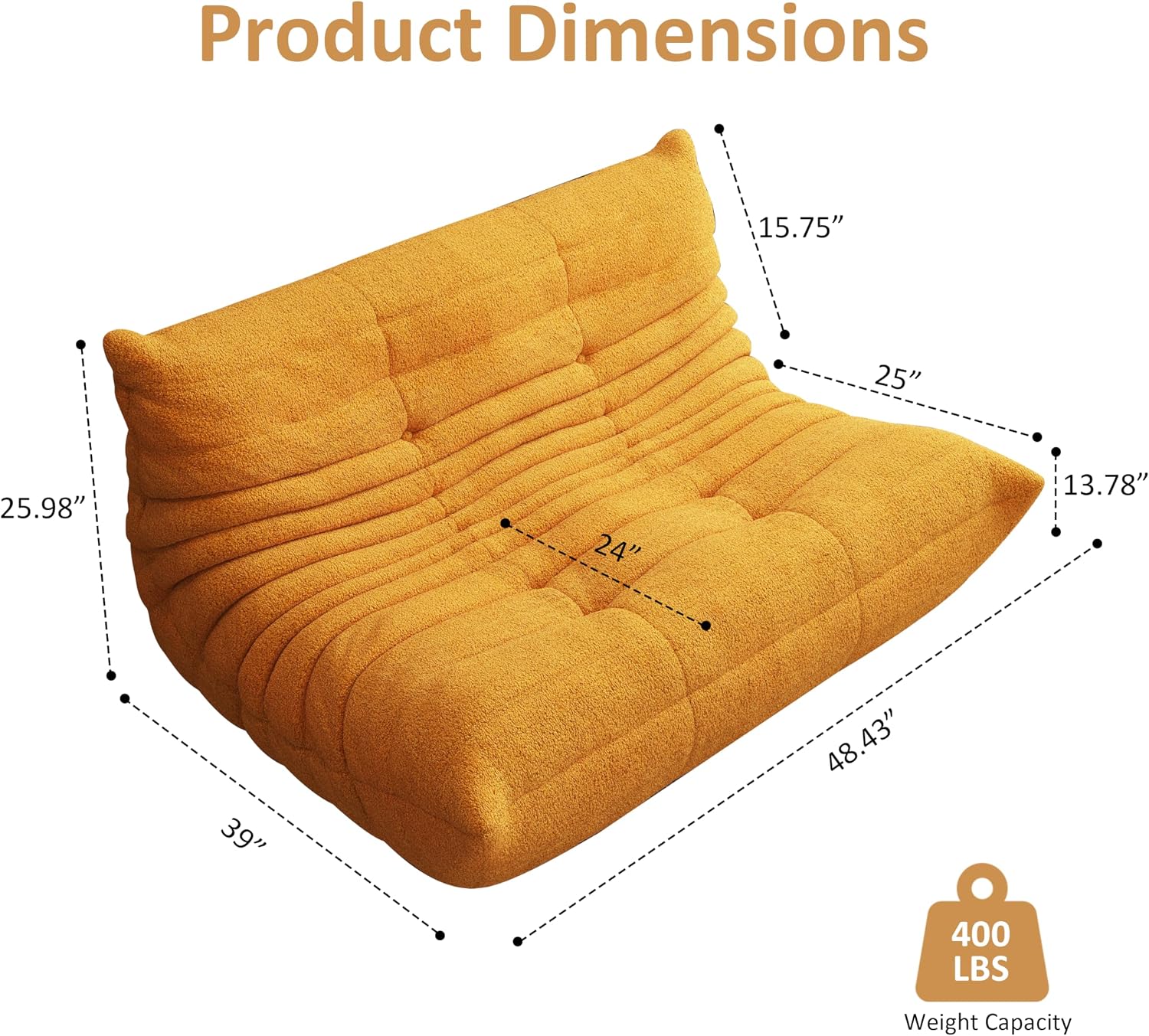 Giant Bean Bag Chair for Adult, Cozy Boneless Fireside Accent Loveseat Chair,Memory Foam Floor Sofa, Comfy Lounge Couch for Bedroom Small Living Room Apartment Daily Relax(Yellow, Loveseat)