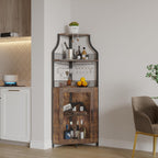 Garvee Corner Wine Rack Cabinet for Liquor Cabinet with Adjustable Shelves, 61 in Industrial Tall Bar Cabinet Freestanding with Mesh Door and Glass Holder for Kitchen, Rustic Brown