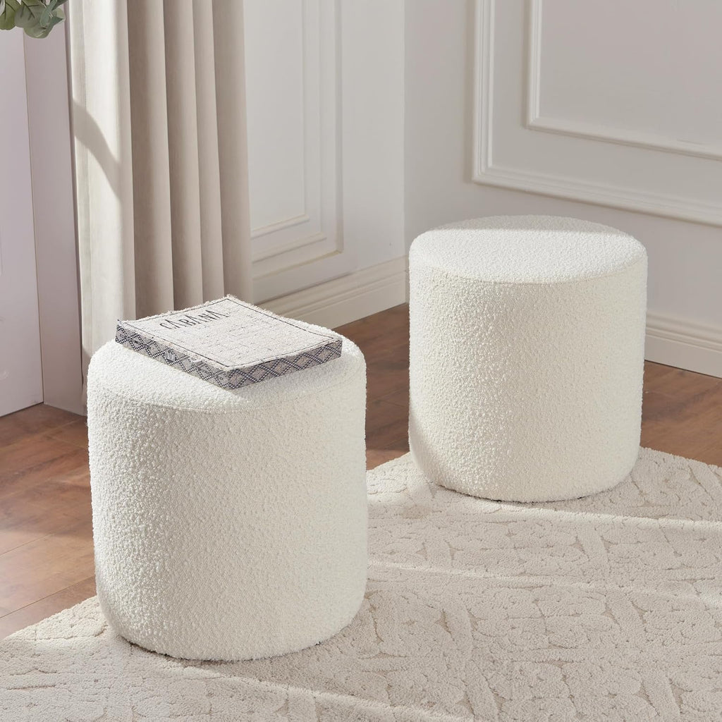 KINWELL Modern Round Boucle Upholstered Ottoman Set of 2, Multi-Functional Sofa Footrest, Side Table, Extra Seating for Living Room, Bedroom, Entryway (Cream White, 18" Dx 18" W x 18.3" H)